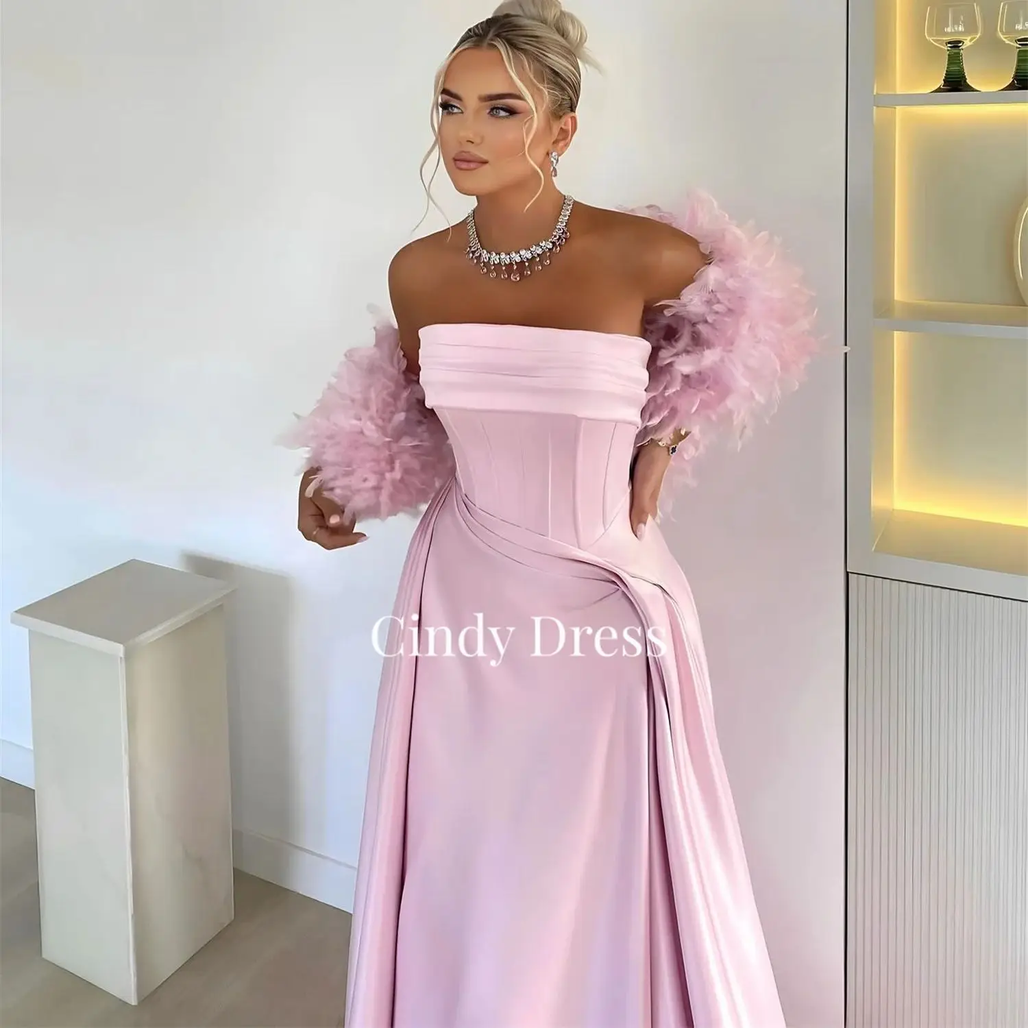 Pink Satin Off-shoulder Feather Elegant Long Tail Saudi Arabia Dresses Women Gala Customized Women\'s Evening Dress Quinceanera