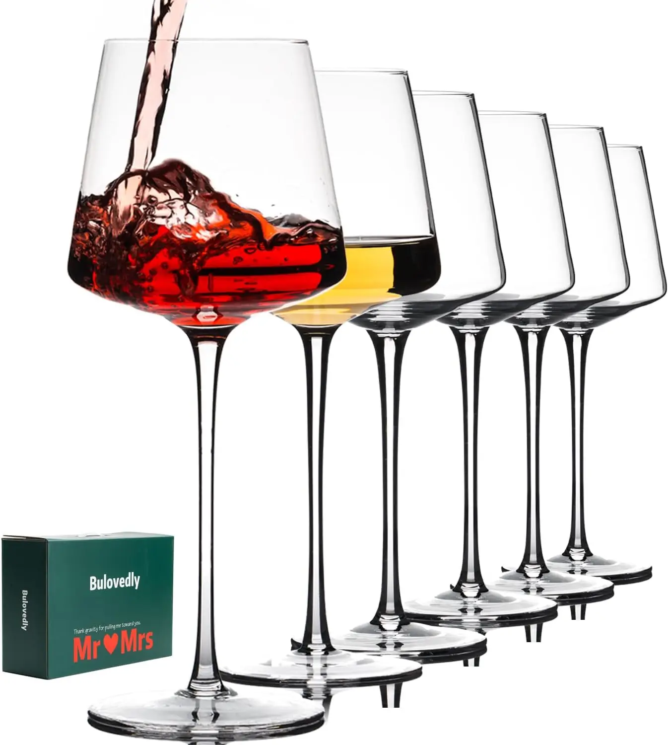 

White Red Wine Glasses Set of 6 – 19oz Wine Glasses with Tall Long Stem,【Hand Blown】Crystal Wine Glasses- Square Wine