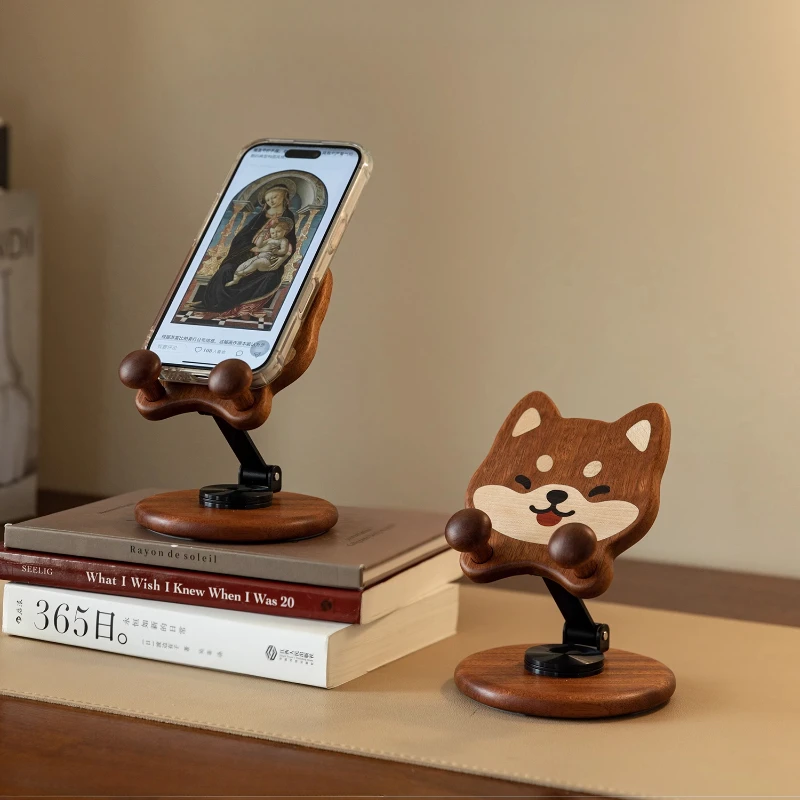 

Cute Solid Wood Phone Stand Creative Cartoon Tablet Holder 360 Degree Rotating Ipad Base with Convenient Folding Reading Stand