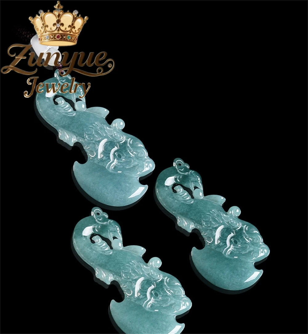 Natural A-Grade Blue Ice-Grade Water Jadeite Dragon Axe Pendant Chinese Style Luck  Luck Charm Necklace Good Luck Jewelry Gift - view 2