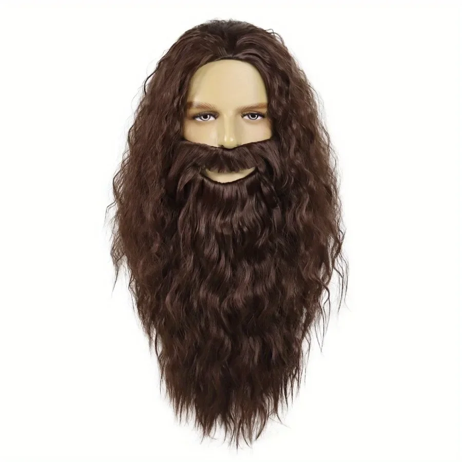 Long Wizard Hair and Beard for Dumbledore Christmas Cosplay Wig Men Brown Synthetic Wigs Warlock Bearded Halloween Party Costume
