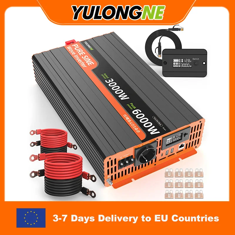 YULONGNE Onduleur à onde sinusoïdale pure, 3000W, crête 6000W, DC12V vers AC230V, prise EU, télécommande LCD, alimentation solaire, camping-car, camion, secours domestique, système hors réseau, charge rapide USB Type-C, kit de câbles complet