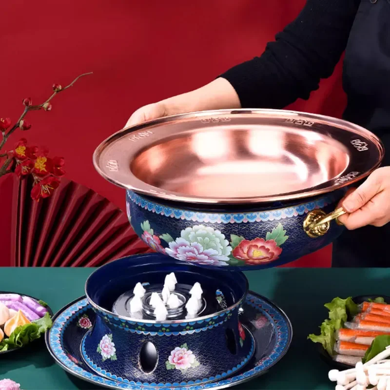 Pure Copper Alcohol Stove Warmer Pot Enamel Coated Vegetable Hot Pot Commercial Household Heating Cookware for Sheep Bone
