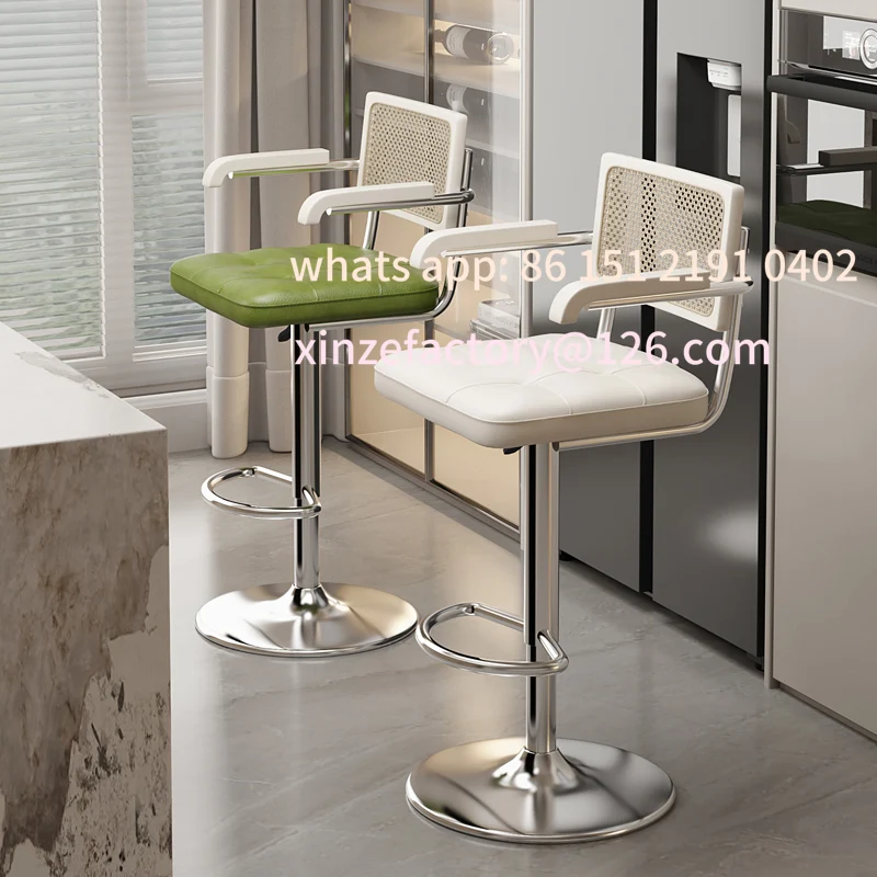 كرسي مسند ظهر من الخيزران قابل للرفع وقابل للتخصيص لمقعد دوار لجزيرة المطبخ مع مسند للقدمين حديث R