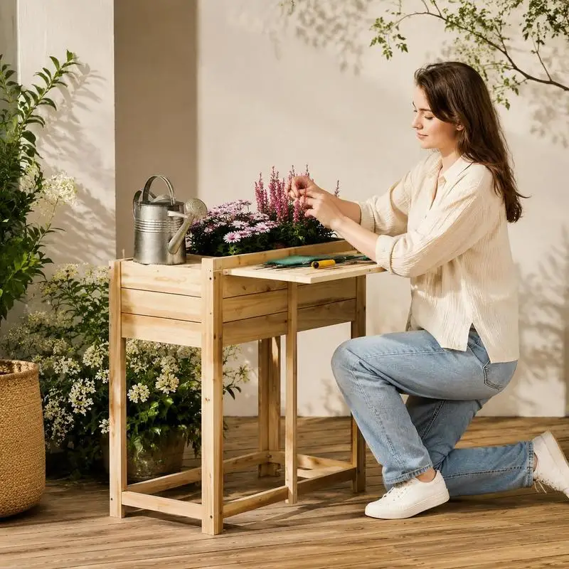 Bac à légumes surélevé en bois avec pieds et table latérale pliable. Structure de fixation stable, facile à assembler, structure robuste pour une utilisation extérieure à long terme.