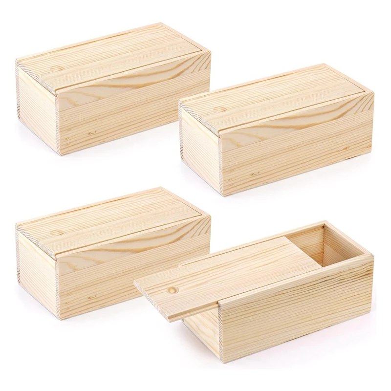 4 Pack Unfinished Wood Storage Box With Slide Lid, Vintage Keepsake Case Cards Container Small Gift Box For Art Hobbies, Durable