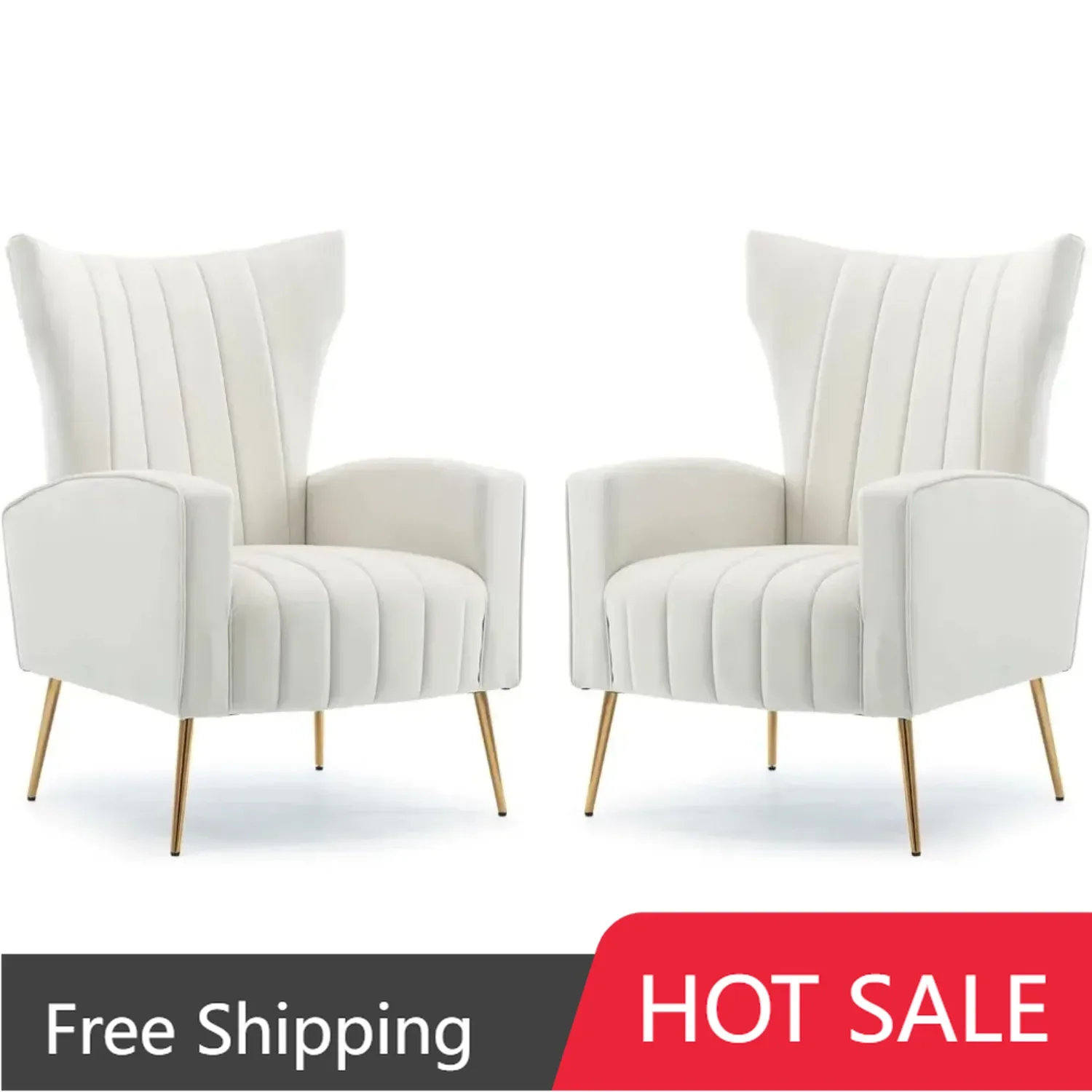 Accent Chair Set of 2, Velvet Wingback Armchair Modern Upholstered Single Sofa w/ Metal Legs, Beige