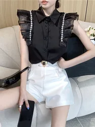 Summer French Ruffled Flying Sleeve Shirt Women's 2024 New White Polo Collar Nail Diamond Stitching Waisted Slim-Fit Sexy Top