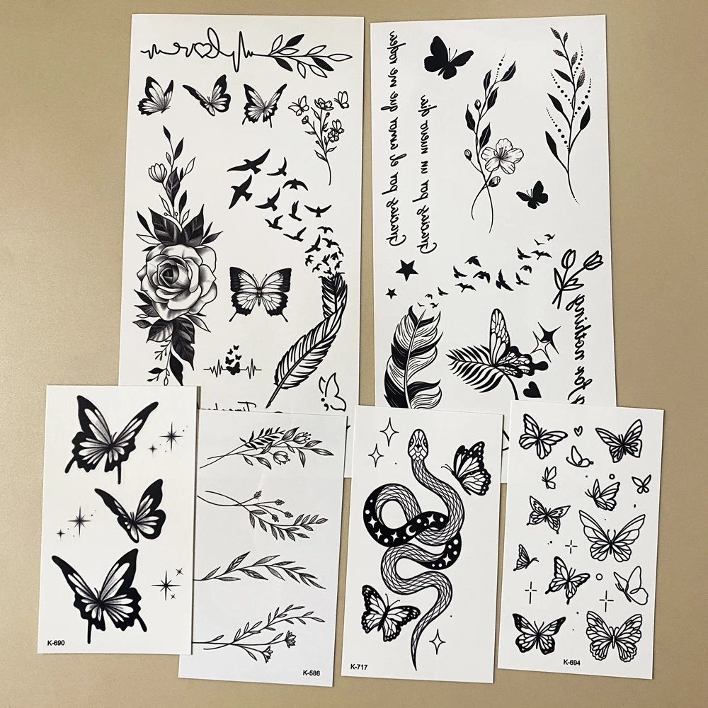 6 قطعة الوشم المؤقت زهرة سوداء للنساء ماكياج الجسم المتاح الأزهار ريشة وهمية الوشم ل فن إصبع اليد الجسم
