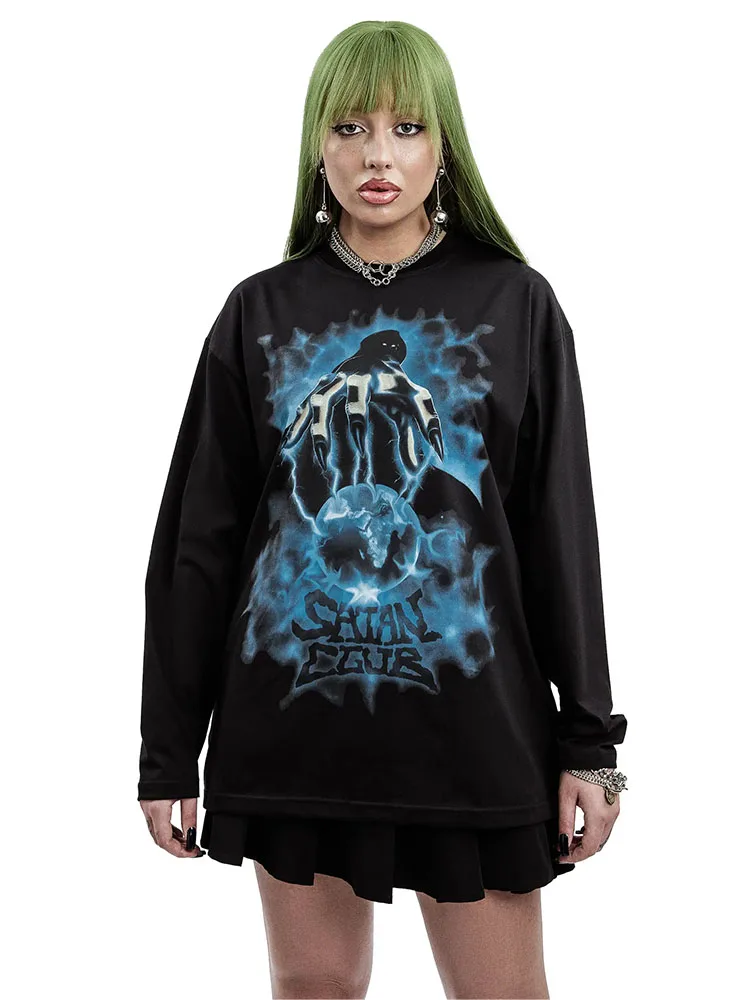 Women T-Shirt Satan Club 100% Cotton Long Sleeve Tops Graphic Goth Oversized Y2k Streetwear Autumn Korean Fashion Tees Clothing