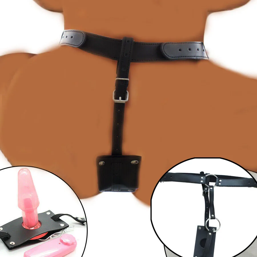 PU Leather Vibrating Body Harness Chastity Belt Thong Panties with Vibrator Removable Anal Butt Dildo Plug Sex Toys for Men Gay