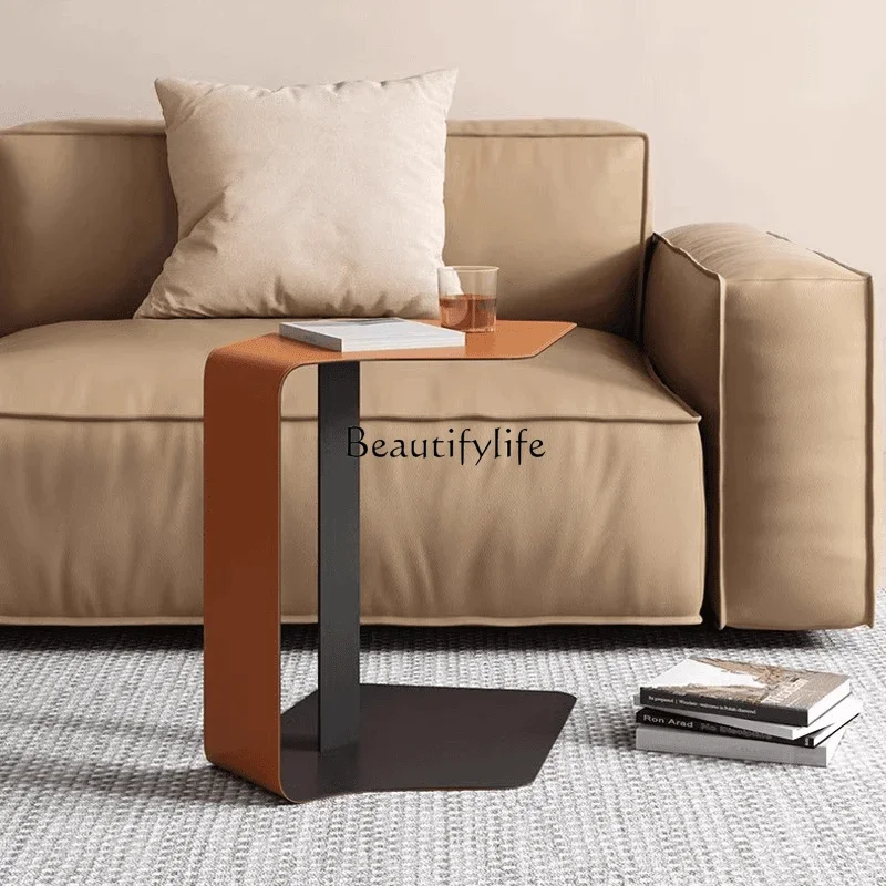 pg45Italian Light Luxury Minimalist Small Coffee Table Modern Bedside Creative Saddle Leather Sofa Irregular Corner Table