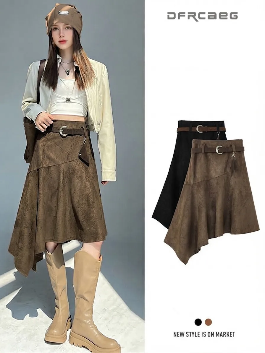 American Retro Women Faux Suede Midi Skirt Elastic Waist Autumn Winter Casual Y2K Vintage A-Line Skirts With Belt