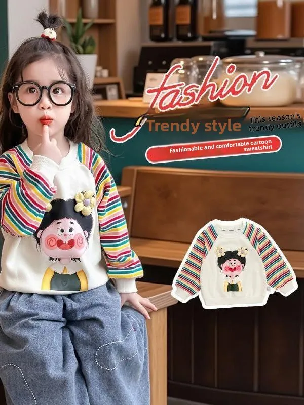 

Длинный свитшот Све для девочек, весна-осень 2023, новый топ с героями мультфильмов, полосатый топ для маленьких детей, длинный све, весенний длинный топ све