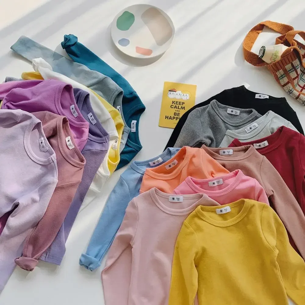 1-10T Cotton T Shirt For Boys Girls Spring Clothes Toddler Kid Baby Candy Color Casual Plain Tee Stretch Basic tshirt Outfit