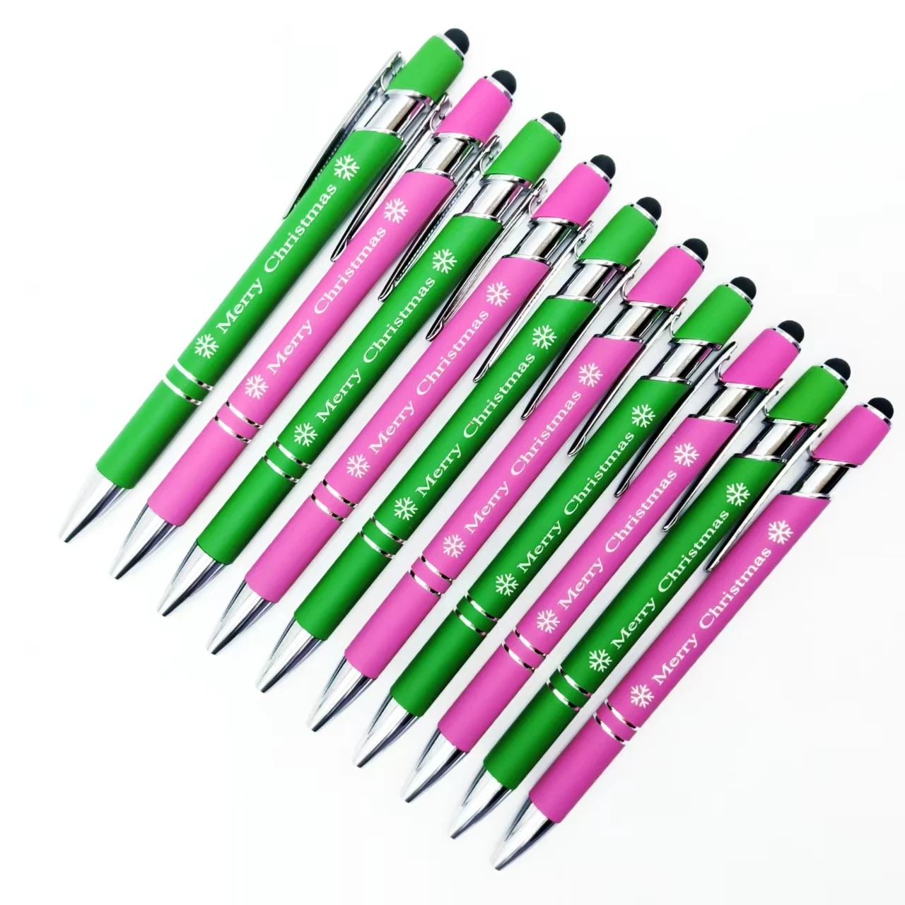 

6/12 шт., рождественская креативная двухцветная гравировальная ручка в форме снежинки, металлическая шариковая ручка с рождественскими радостными фразами