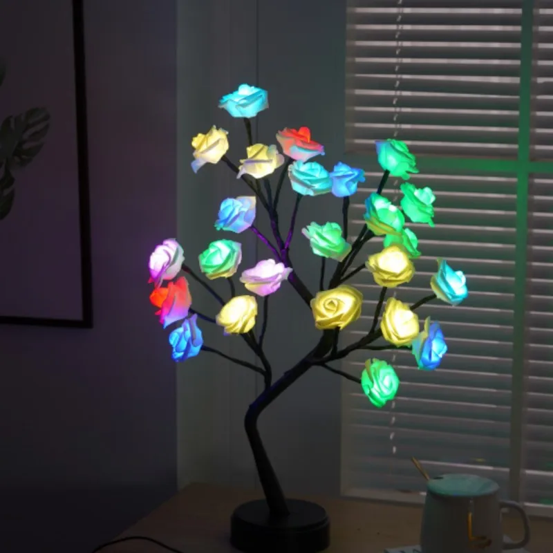 LED Rose Flower Tree Lights Remote USB Colorful Table Lamp Home Bedroom Wedding Christmas Indoor Decoration Gifts Night Lights