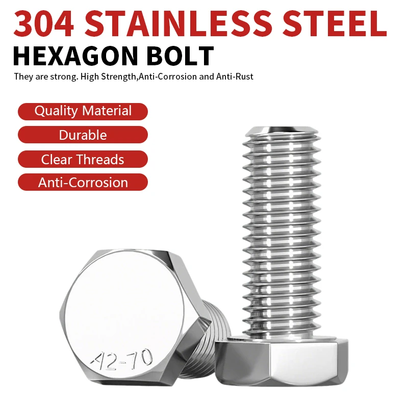 304 Stainless Steel A2-70 DIN933 Hexagon Head Bolts Full Thread Metric Fasteners M3 M4 M5 M6 M8 M10 M12