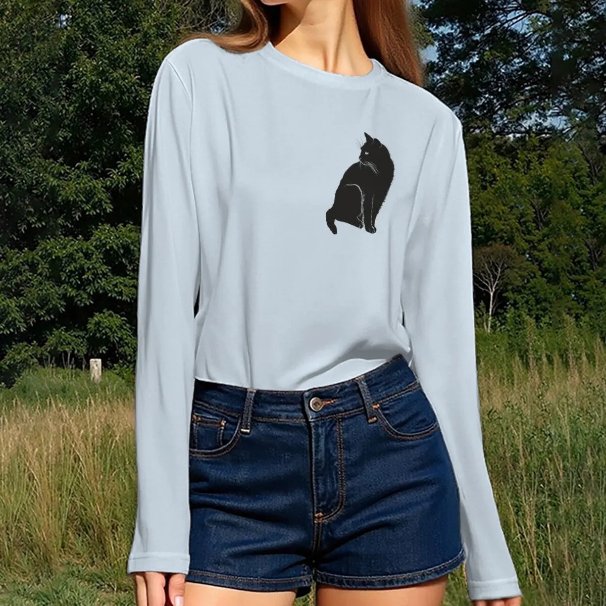 Women's long-sleeve T-shirt for spring and autumn, with cat print on the chest, lively style for themed parties, leisure