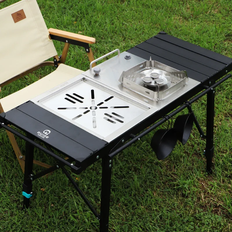 Camping IGT Tourist Table Adjustable Height Outdoor Portable Folding Aluminum Alloy Mobile Kitchen Table Grill Stove Equipment