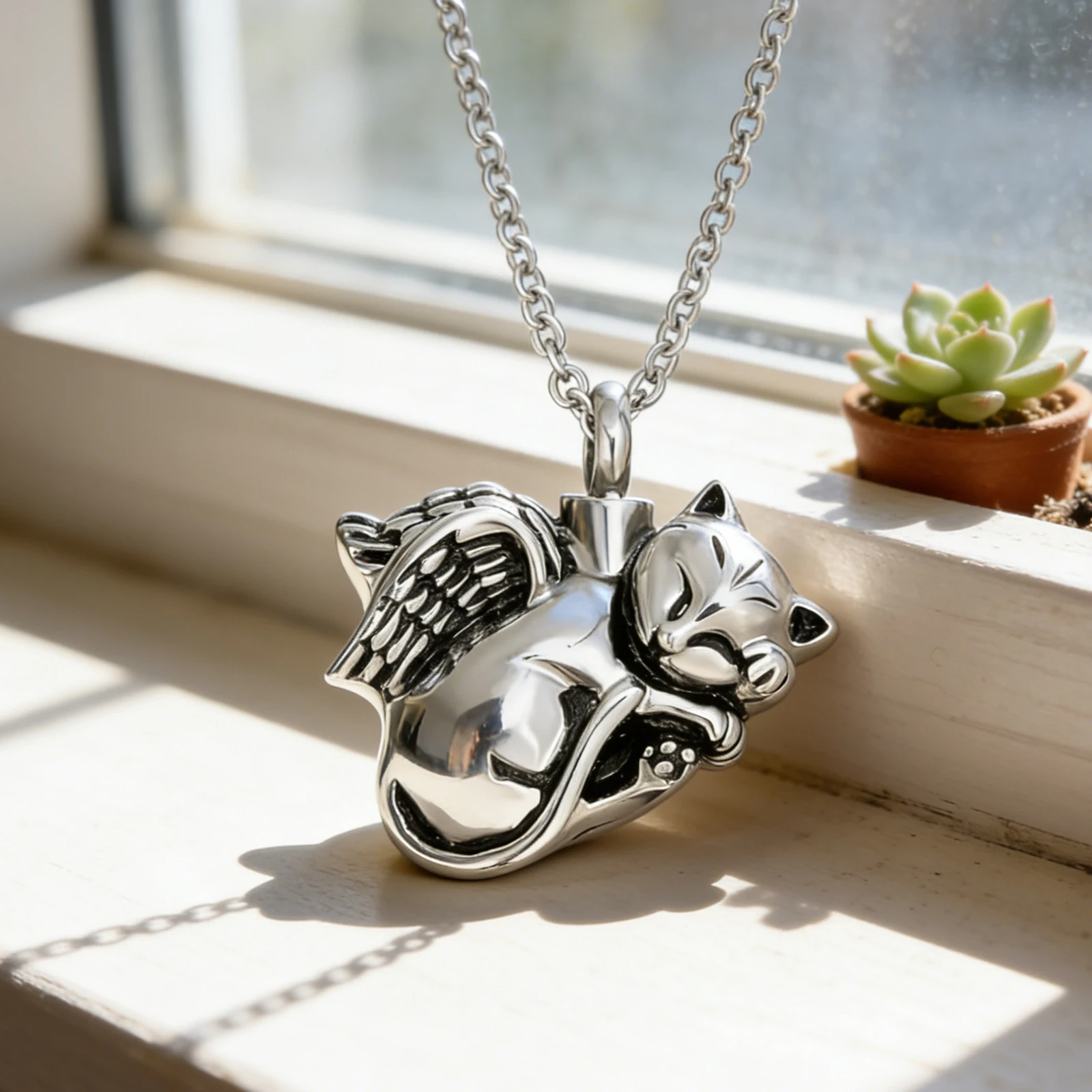 

Sleeping Angel Wing Animal Memorial Jewelry Stainless Steel Cremation Pendant Ashes Urn for Pet Cat Keepsake Necklace