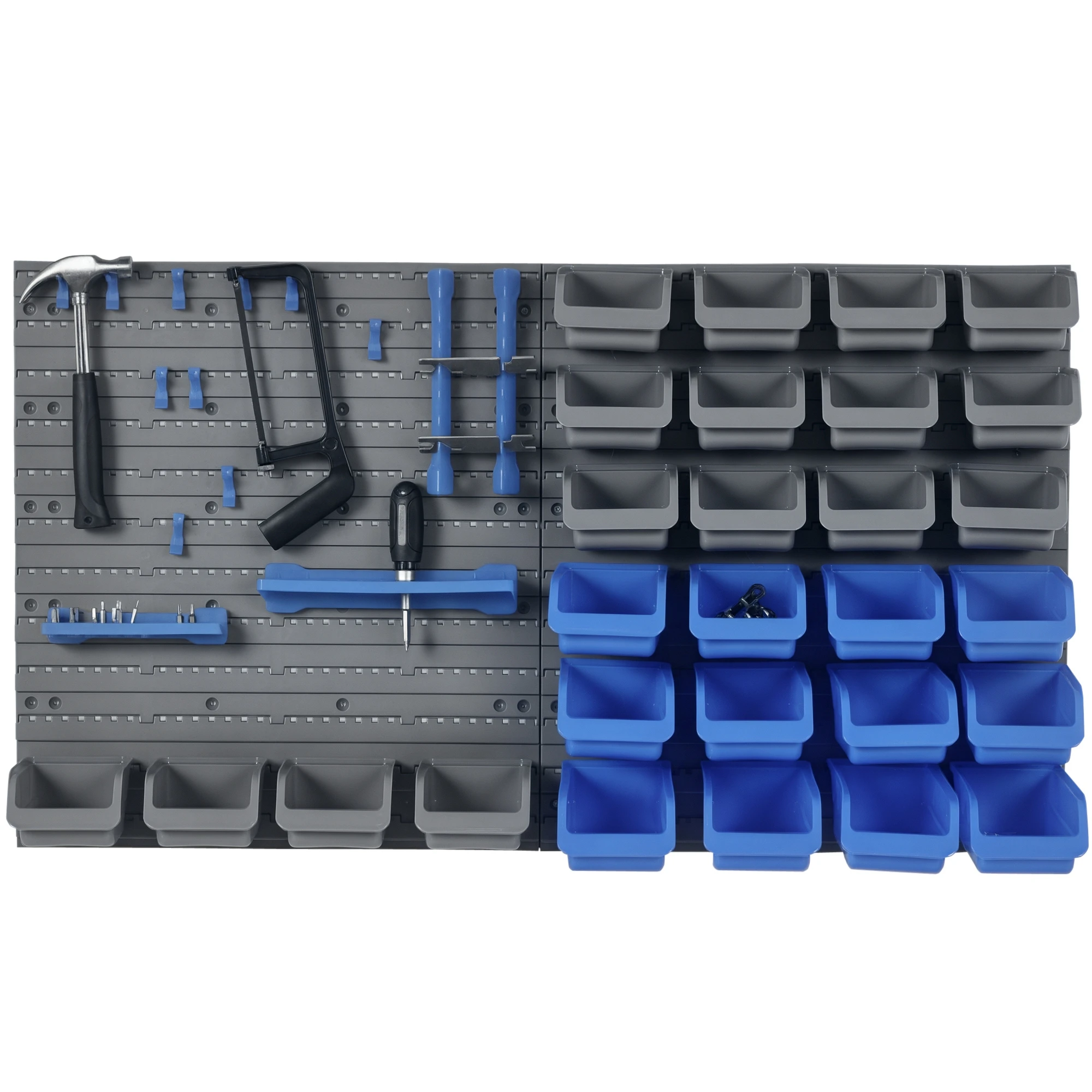 

DURHAND 44 PCS Wall Mounted Pegboard Tool Organizer Rack Kit with Various Sized Storage Bins, Pegboard and Hooks, Blue