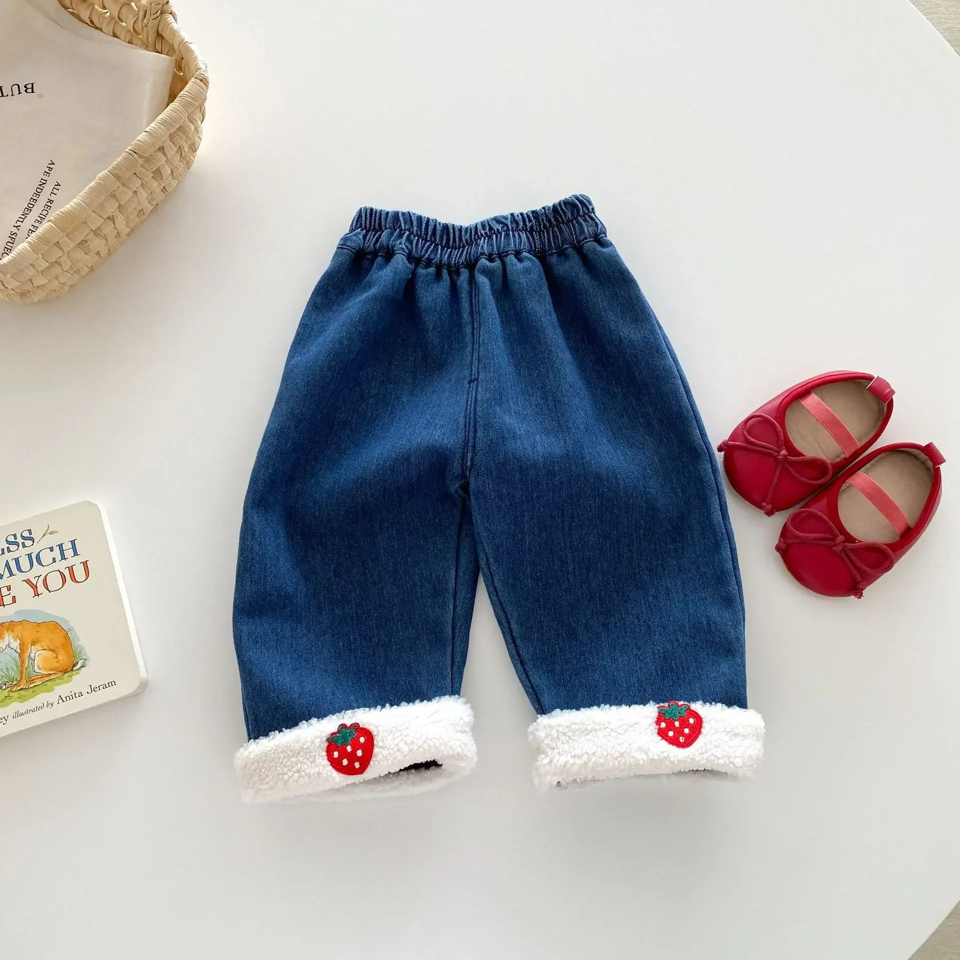 

2024 Winter New in Kids Baby Girls Thicken Warm Clothing , Children Denim Embroidery Strawberry Trousers Infant Pants 3M-5Y