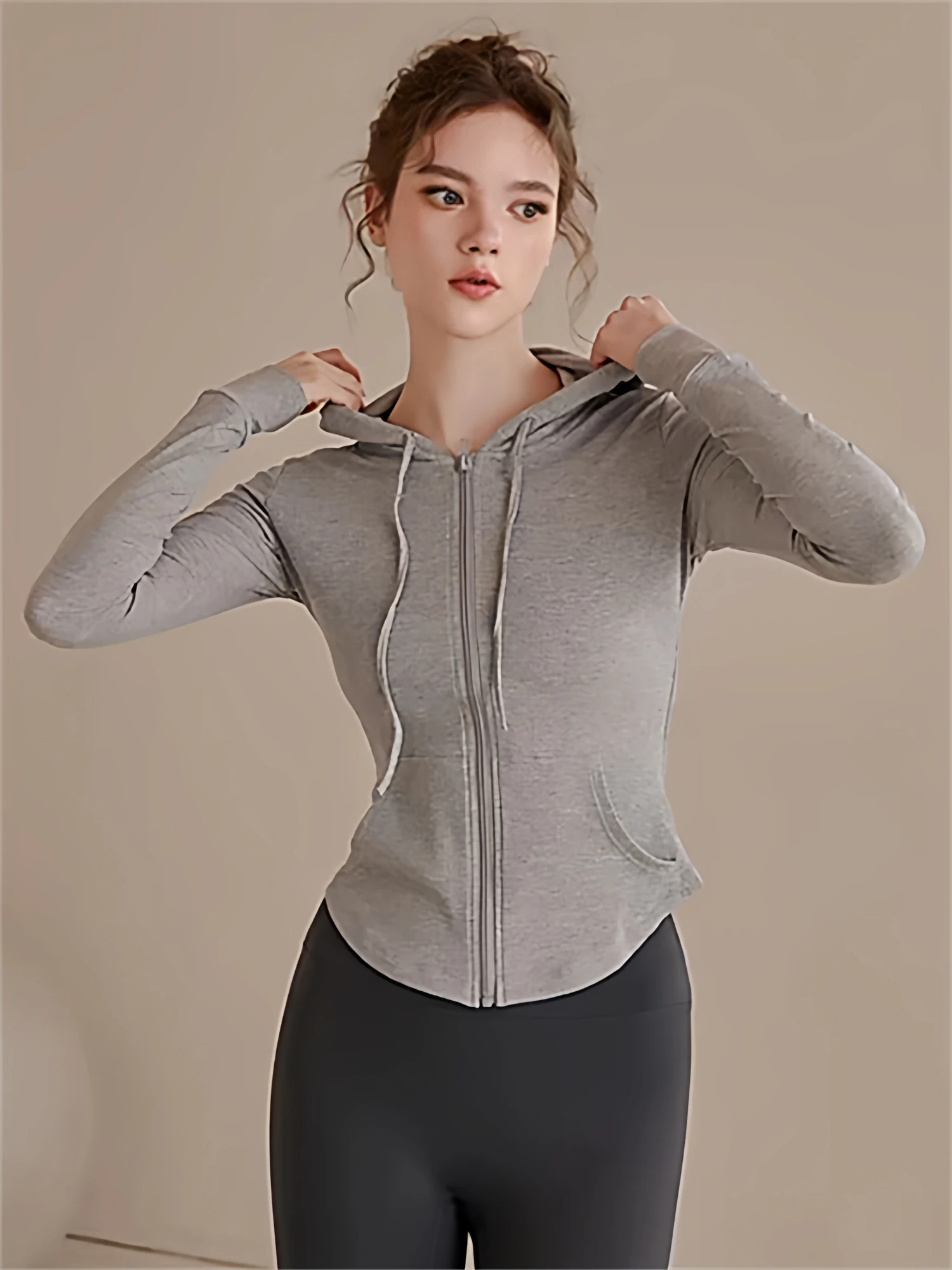 

Women's Sport Jaet Autumn Winter Tight Qui Dry Hooded Zipper Running Fitn Yoga Top Ocnltiy Korean Sle Long Sve