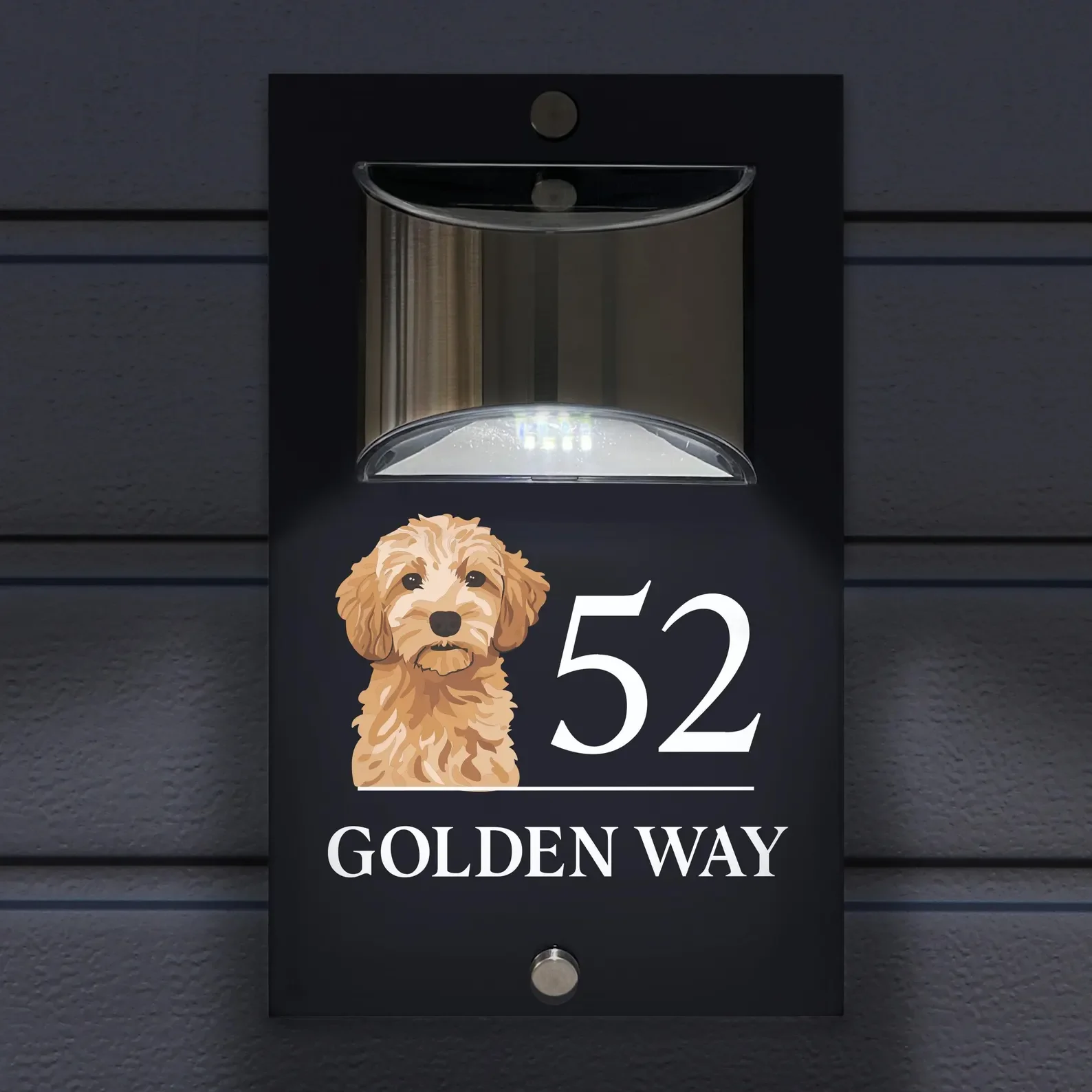 

Custom House Number Sign Solar Illuminated Modern Anthracite House Number Sign Goldendoodle dog Design