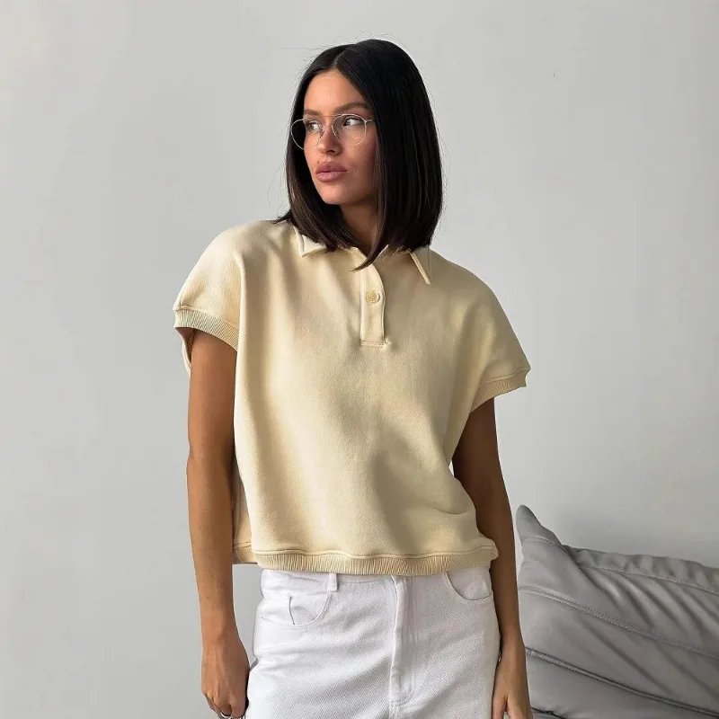 

French Retro Summer Casual Women's Clothing Lazy Polo Collar Solid Color New Short-sleeved Knitted Short Top Outer Wear Hipster