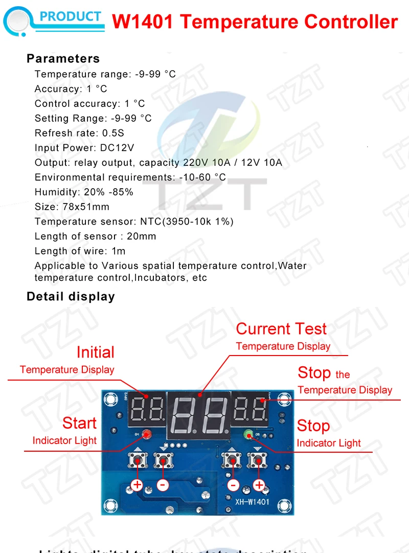 Diytzt w1401 thermostat intelligentes digitales led anzeige modul thermostat temperatur regler modul ntc sensor modul dc 12v – Detail 2