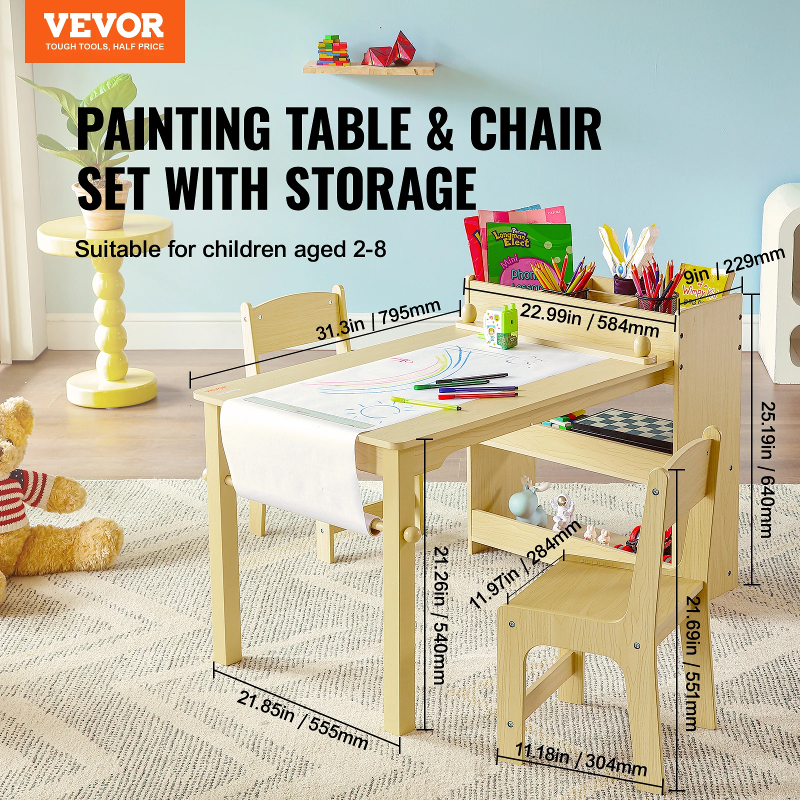 VEVOR Kids Table and Chair Set Wooden Activity Table with Storage Space and Boxes Kids Play Table for Art Craft Reading Learning