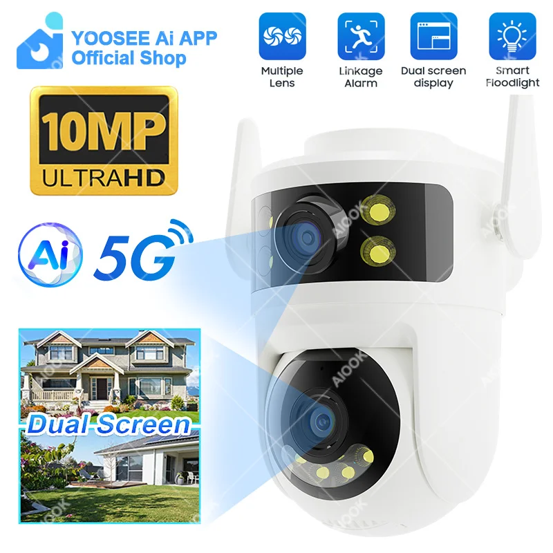 YOOSEE Ai APP Outdoor Dual Lens Camera HD 10MP 5G WIFI CCTV Ai Detection Two-way Intercom Mobile Tracking Night Vision Camera