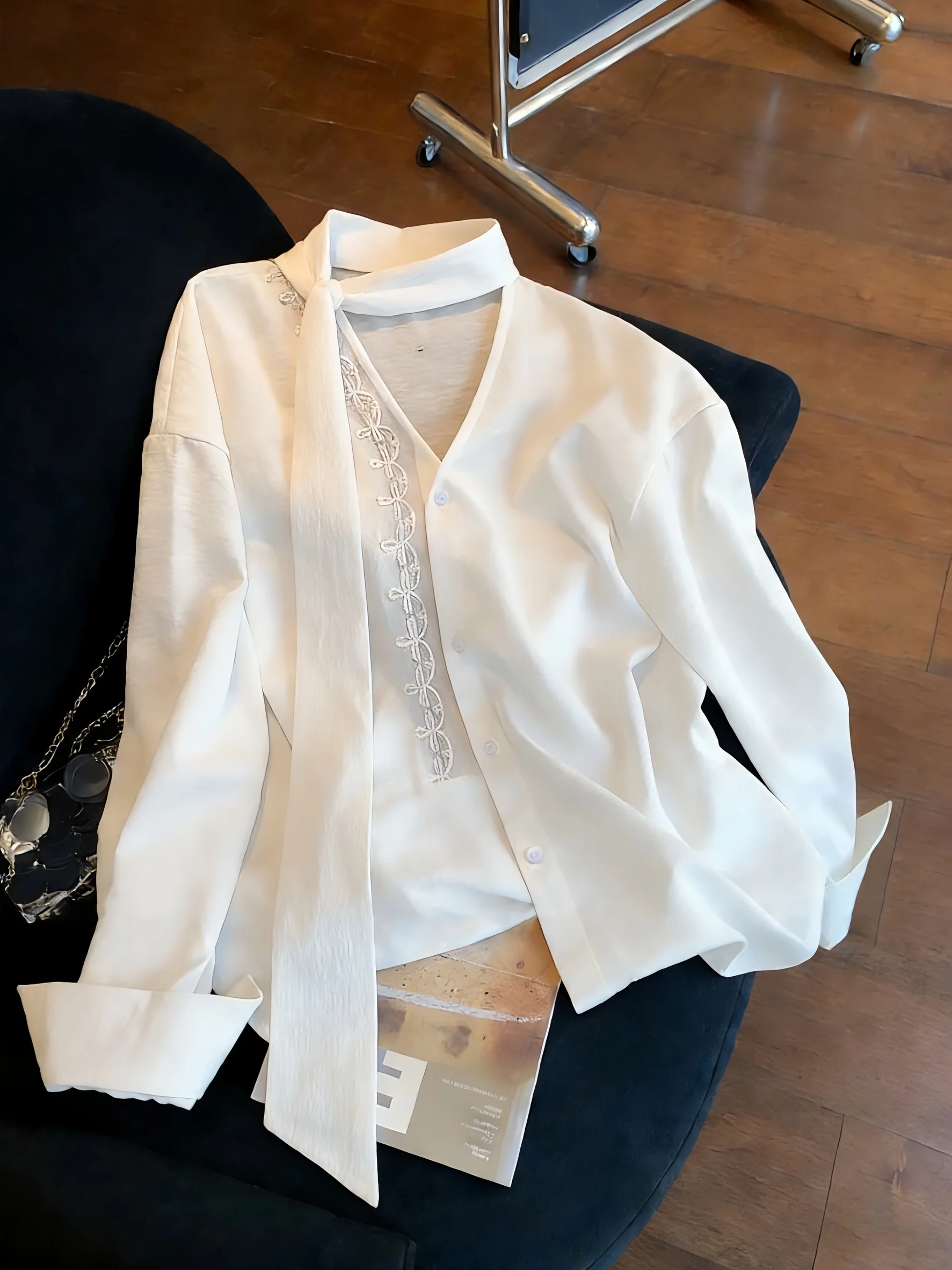 

Элегантная кружевная блузка с длинным рукавом, свободного кроя, тонкая, женская, модная, повседневная, весна-осень, универсальная, в стиле кэжуал