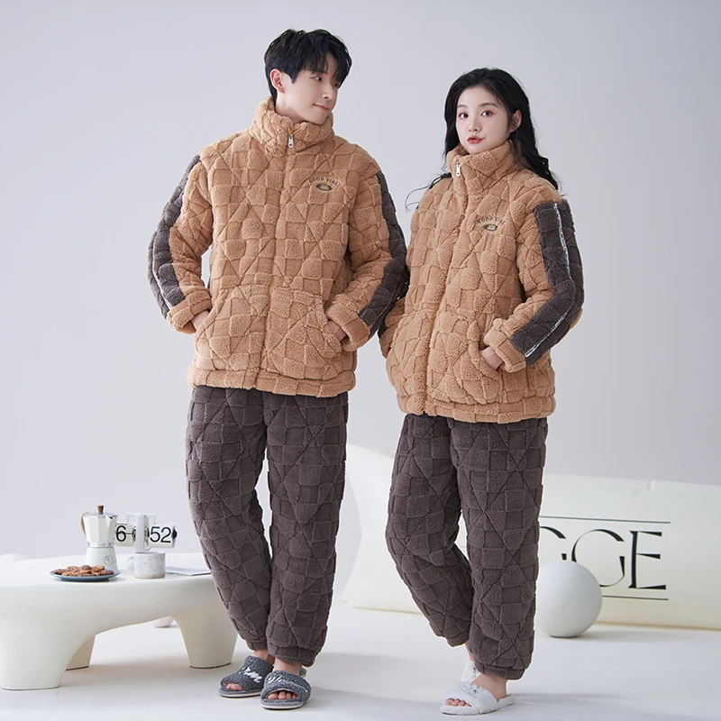 

Newest Couple Pajamas Set Thick 3 Layers Pyjamas Winter Cotton Quilted Pyjamas Women Men Casual Home Wear