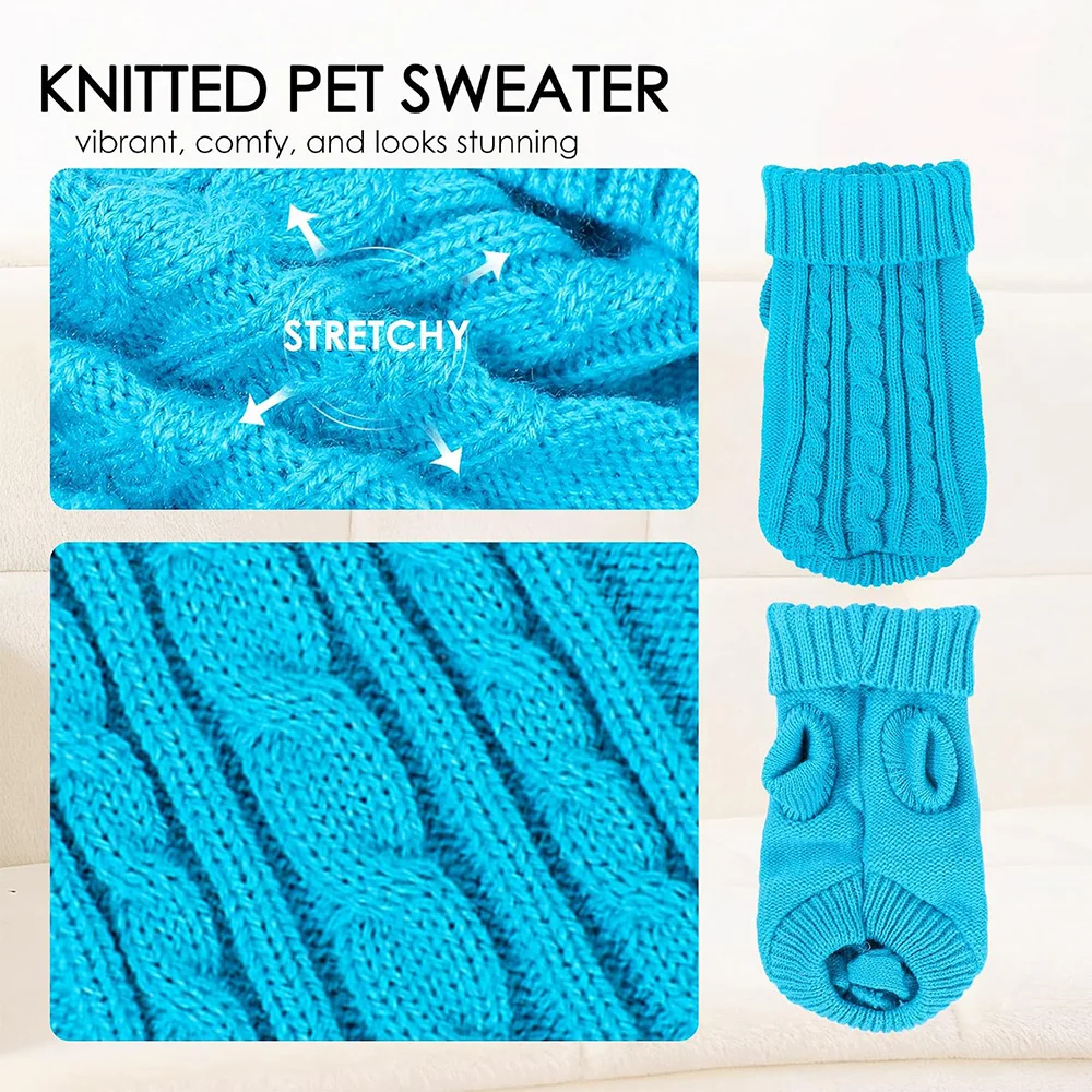 Winter Katzen- und Hundepullover aus Strick, Weiche Warme Welpenkleidung für Kleine und Mittelgroße Hunde und Katzen mit Rückenbeinriemen, Einfarbiger Haustierpullover mit Rollkragen – Detail 4