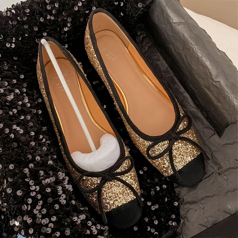 Spring new color matching sequins low heel large size single shoes~ sweet bow splicing one pedal thick heel leather shoes women