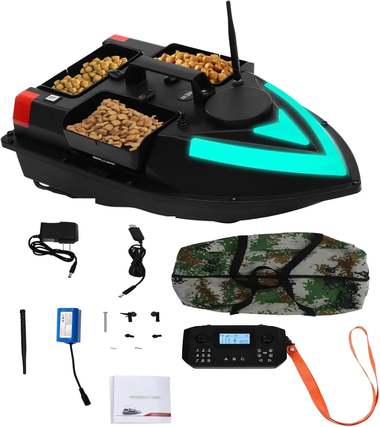 

RC Fishing Boat 500m RC Bait Boat 3.28 ft/s High Speed Fishing Bait Boats with GPS, 100 Points, 3 Baits Box, LED Light