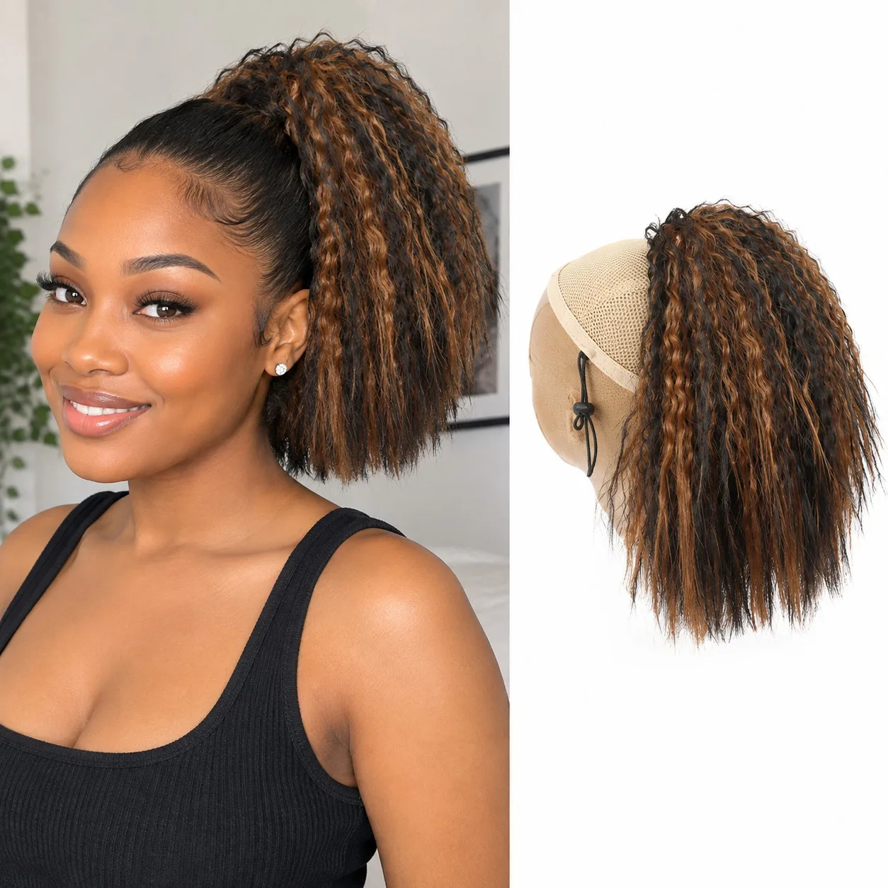 Short Kinky Curly Ponytail Extension 11 Inch Fluffy Cornrow Hairpiece Drawstring Afro Puff Synthetic High Temperature Fiber Hair