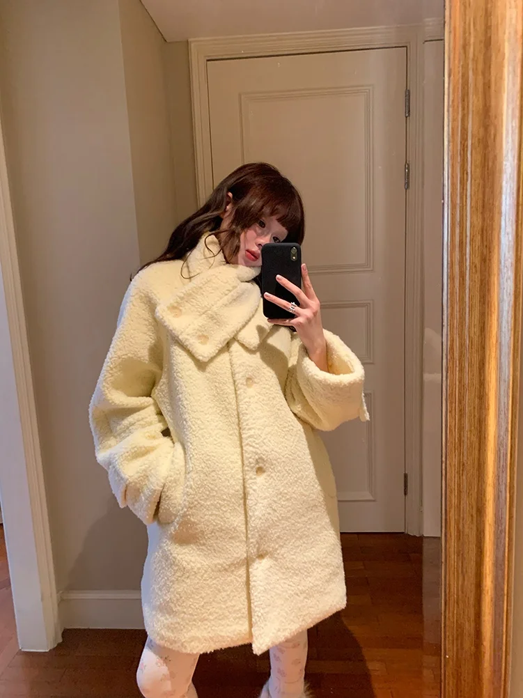 

Пальто Lumiao в винтажном стиле, желтое, шерстяное, с дизайнерским шарфом, женское, зимнее, длинное, средней длины, на одной пуговице, цветное