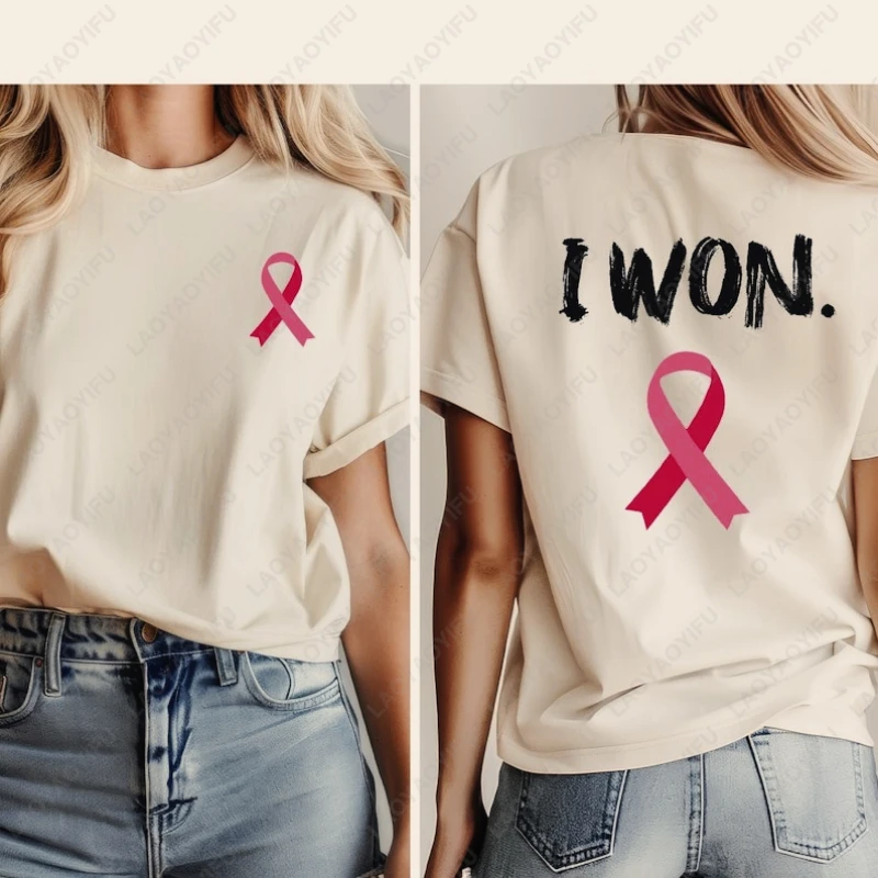 فزت الوعي بالسرطان ملابس الثدي دعم الأمل هدية الرجال النساء القطن Camisetas أسلوب بسيط الوردي الشريط نمط سيدة التي شيرت #2