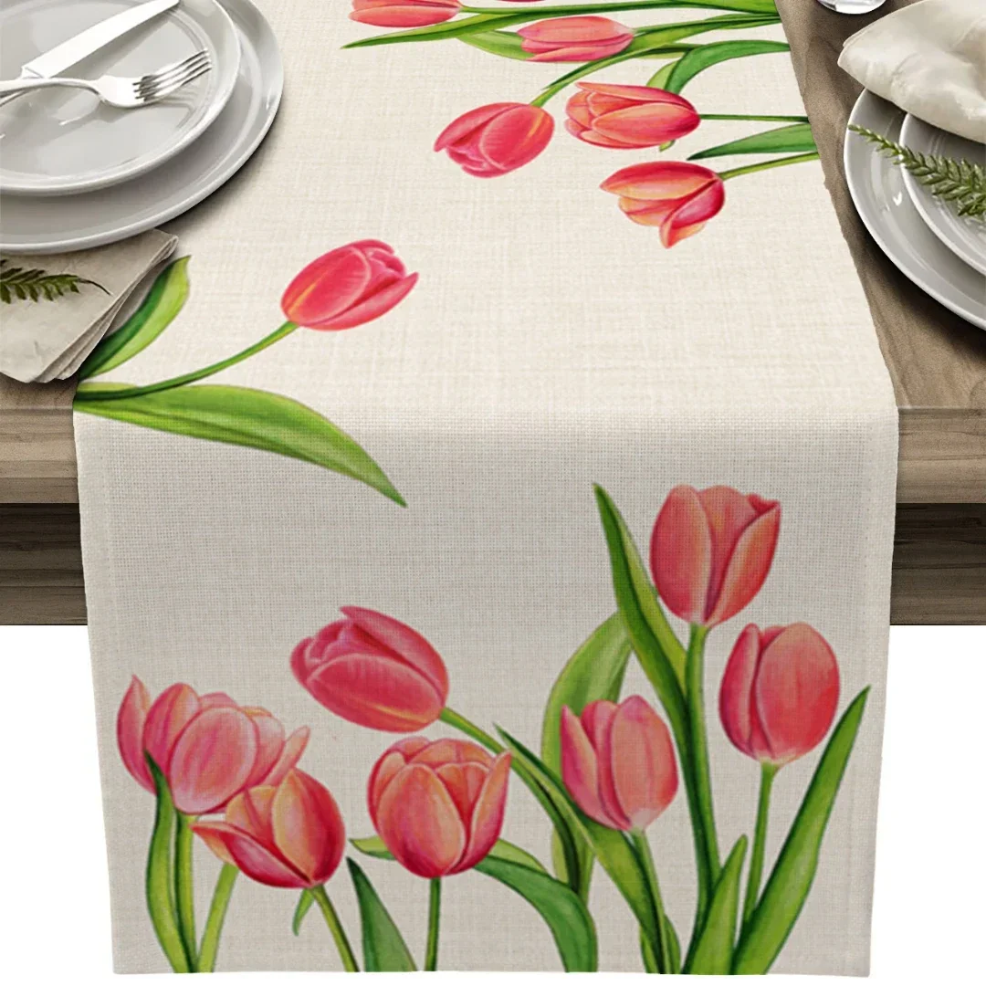【Tulip Spring】Print Table Runner, Practical & Washable, Universal Table Runner for Kitchen, Wedding & Holiday