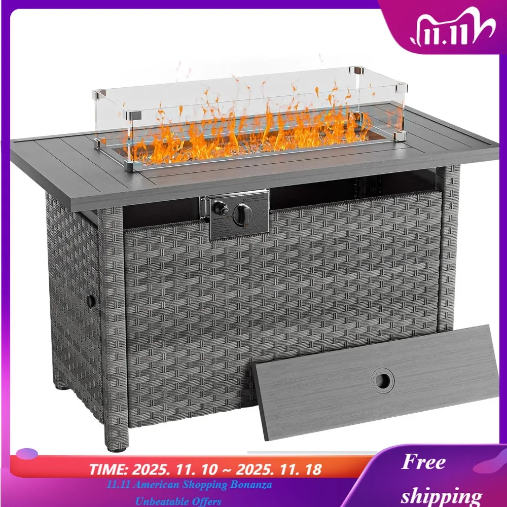 

44-дюймовый стол для костра с ветрозащитой для улицы, газовые коленки с пропаном и автоматическим зажиганием, прямоугольный стол из ротанга для улицы
