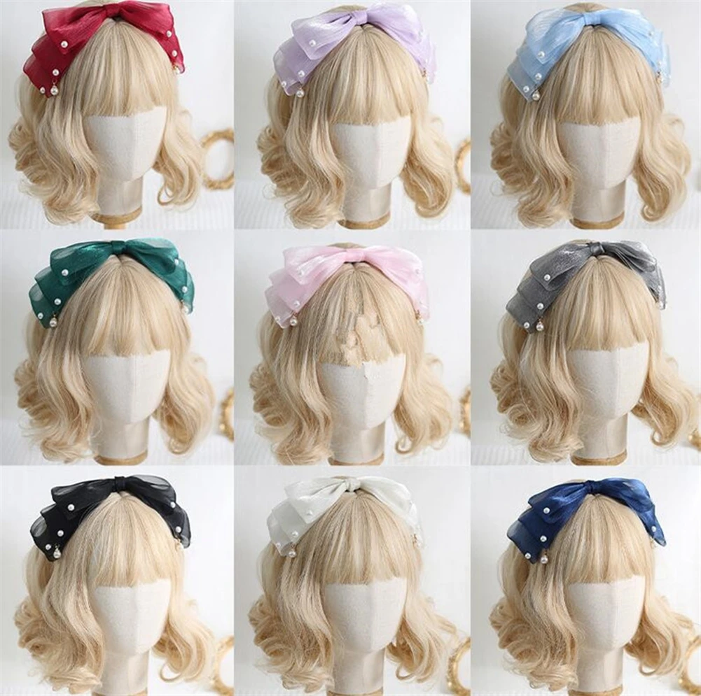 

Sweet Pearlescent Bow Ribbon Pearl Headband Women Hair Accessories Lolita Female Headwear