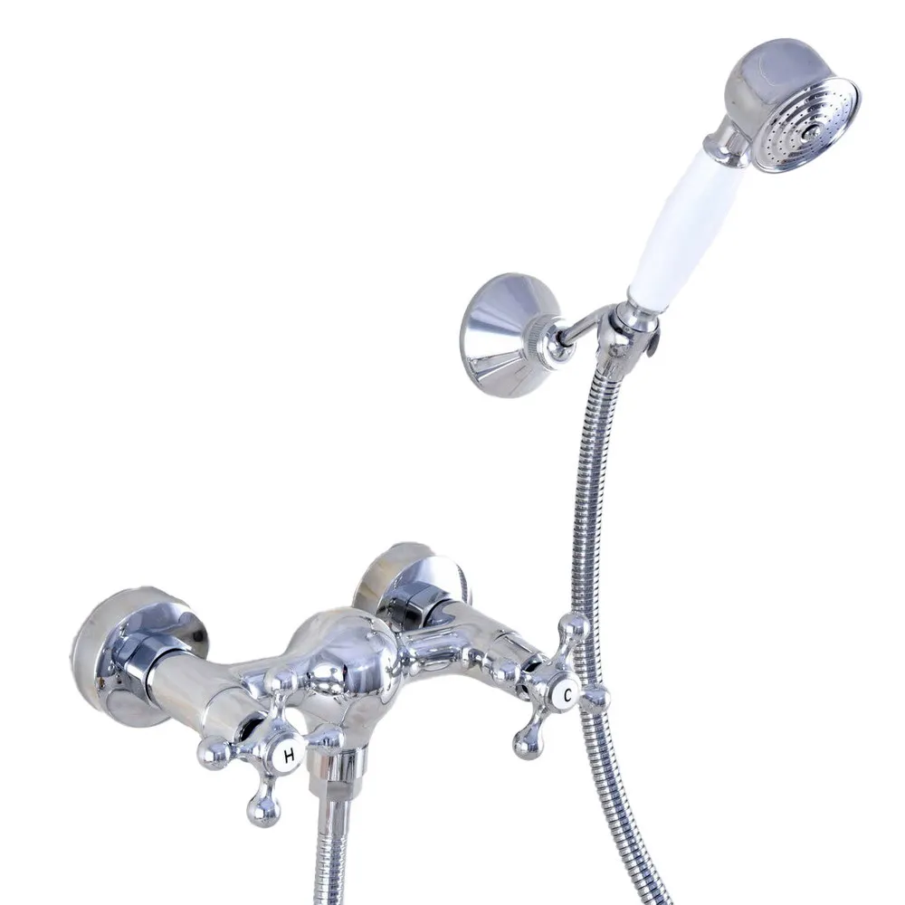 Wall Mount Polished Chrome Brass Bathroom Two Cross Handles Hand Shower Faucet Mixer Tap Set Telephone Shape Hand Spray ana769