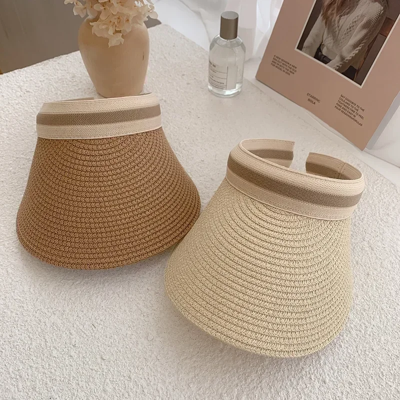 2024 New Summer Empty Top Sun Hat Anti Uv Female Outdoor Visor Cap Casual Shade Hat Straw Wide Large Brim Beach Sunhat Lady