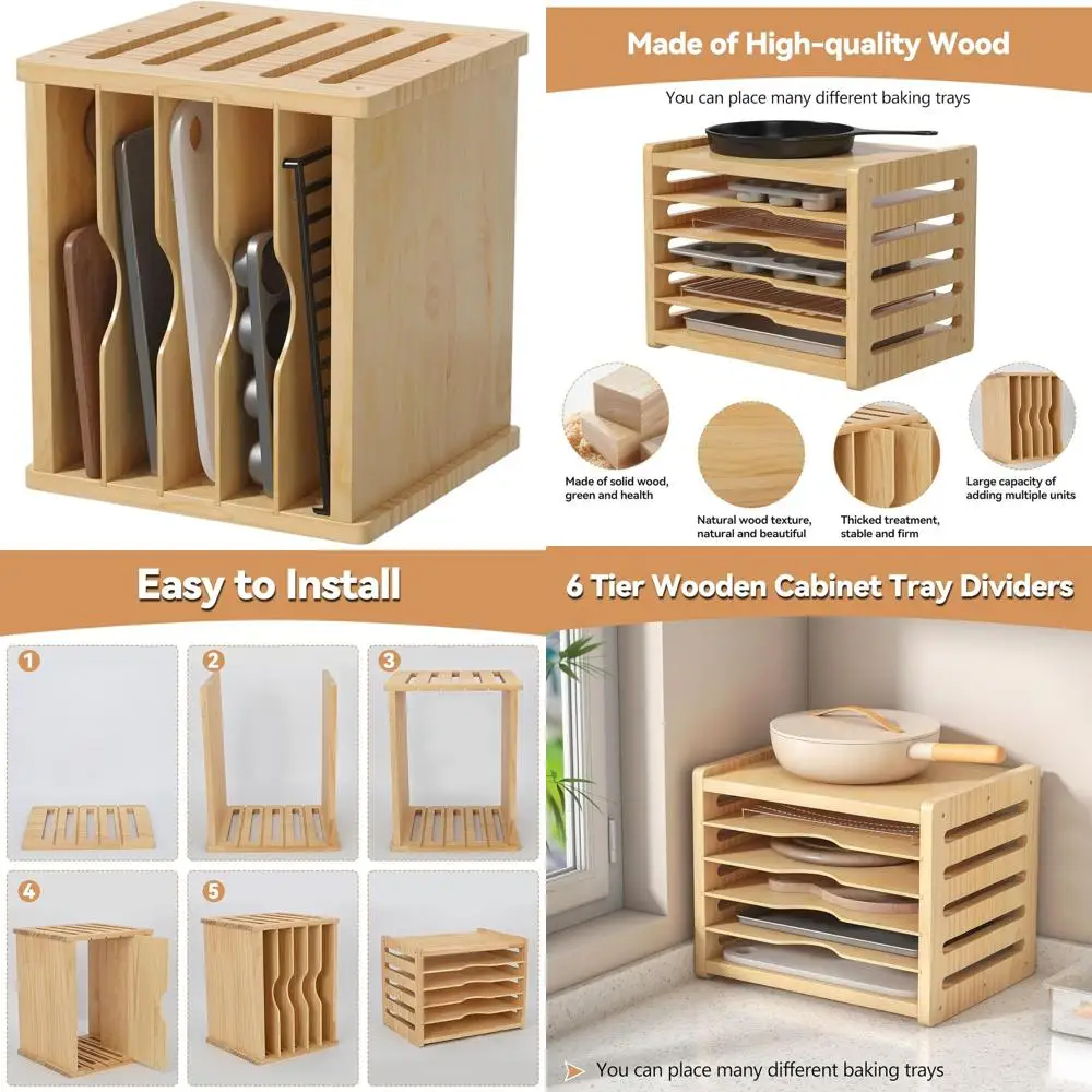 

Kitchen Vertical Wood Tray Dividers, 13.1x16.6x12.4, Cabinet Organizer for Baking Sheets, Pans & Cutting Boards