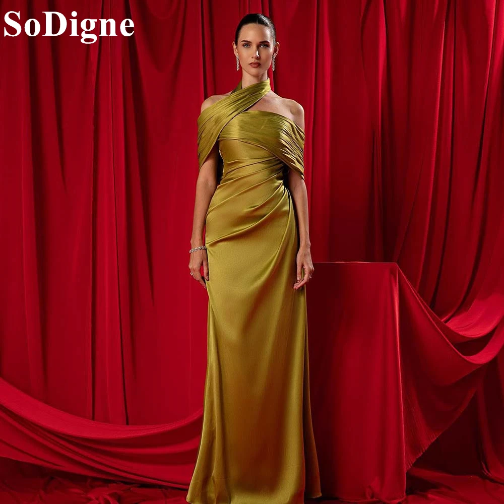 

SoDigne Elegant Arabic Dubai Gold Evening Dresses Mermaid Halter Draped Party Dress 2025 Formal Occasion Prom Gowns Customized