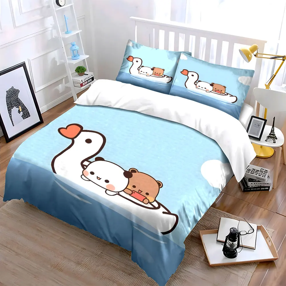 Cute panda and bear on swan boat Print Soft Comfortable Duvet Cover Bedding Set Included 1*Duvet Cover 2*Pillowcases