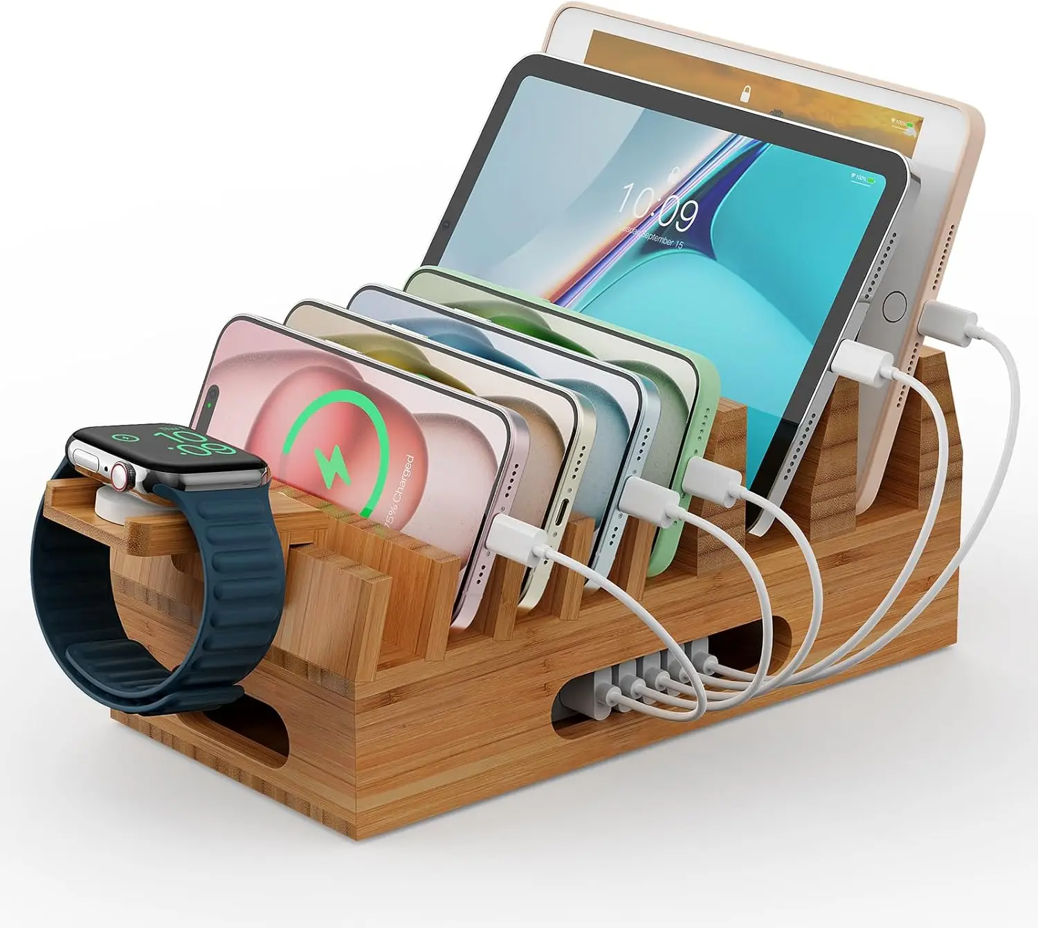 

Bamboo Charging Station for Phone, Tablet, Watch – Wooden Desktop Dock with Organizer (No USB Charger)